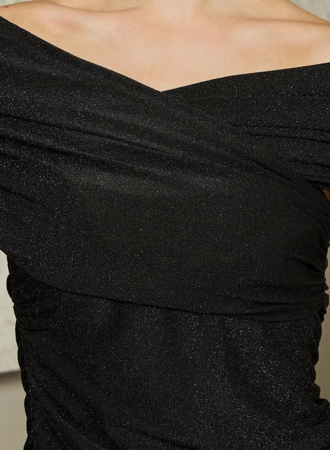 Styli Off Shoulder Pleated Knit Top