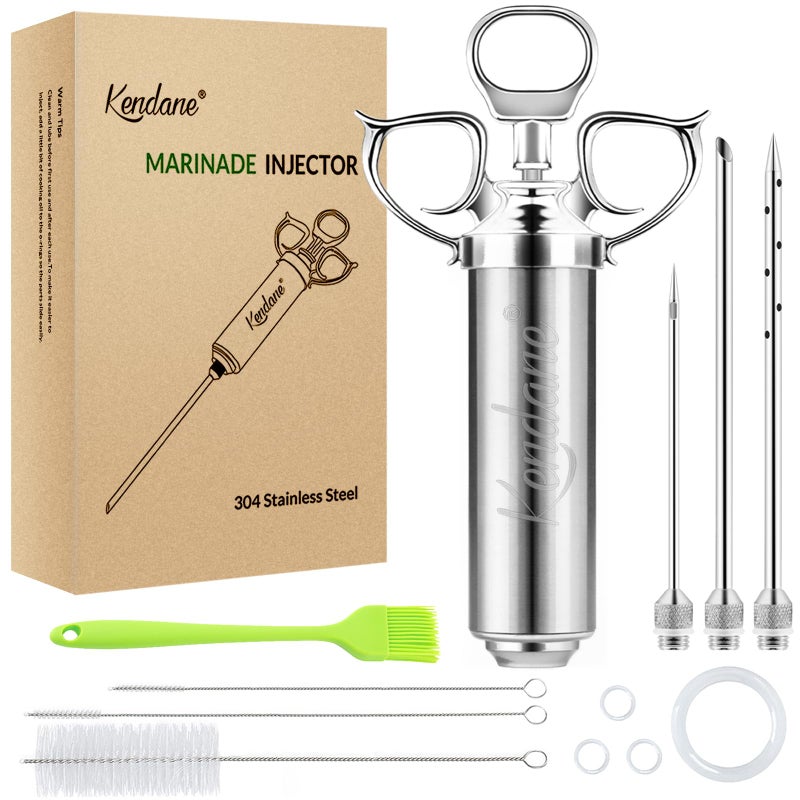 Kendane Meat Injector Syringe 2-oz Marinade Flavor Barrel 304 Stainless Steel with 3 Marinade Needles for BBQ Grill Smoker, Turkey, Fish, Brisket, Paper Silicone Brush and Instruction Included by Kendane - Image 1