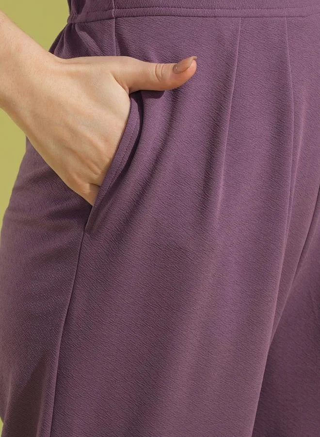 globus Solid V-Neck Batwing Sleeves Cut-Out Pleated Jumpsuit