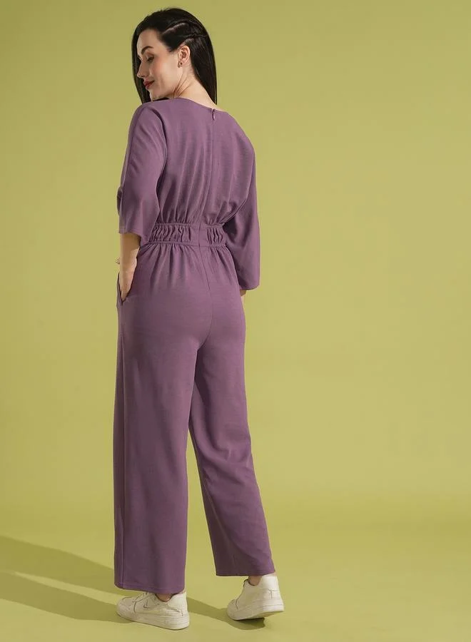 globus Solid V-Neck Batwing Sleeves Cut-Out Pleated Jumpsuit