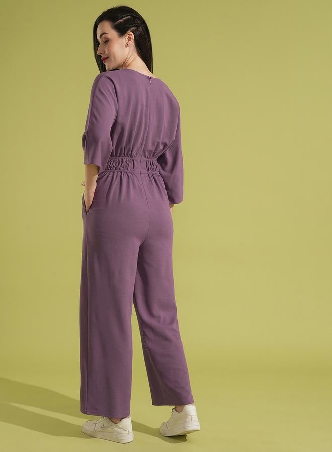 globus Globus Solid V-Neck Batwing Sleeves Cut-Out Pleated Jumpsuit - Image 3