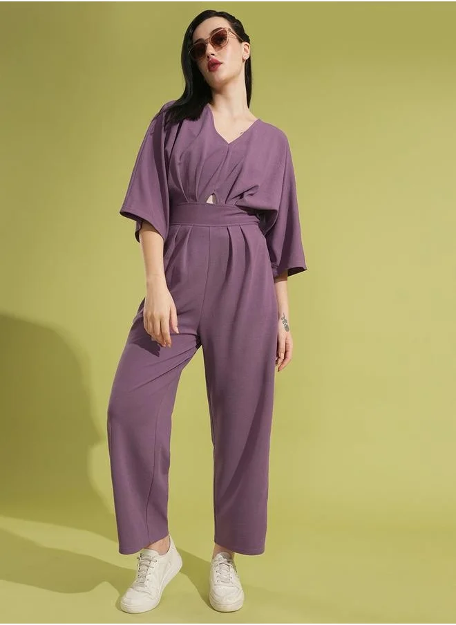 globus Globus Women Mauve Solid V-Neck Batwing Sleeves Cut-Out Pleated Waist Smocked Jumpsuit by Styli