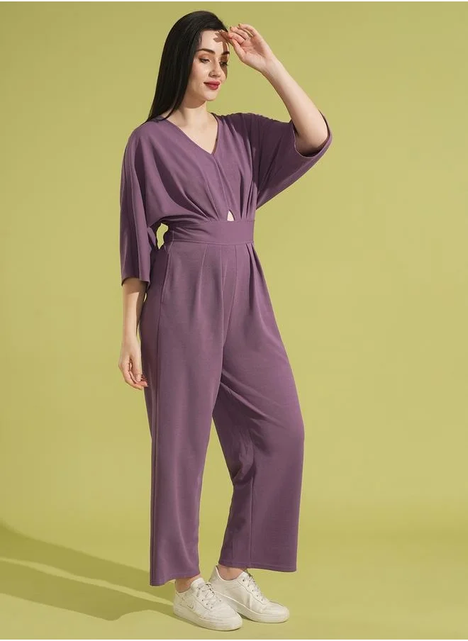globus Globus Women Mauve Solid V-Neck Batwing Sleeves Cut-Out Pleated Waist Smocked Jumpsuit by Styli