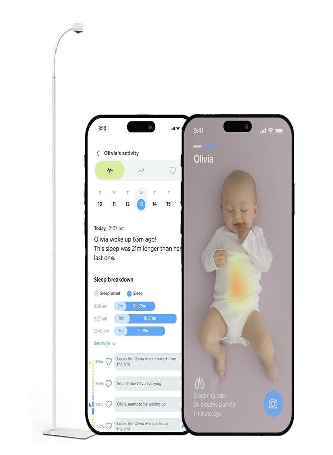 LUNA Home كاميرا مراقبة الأطفال لونا بتردد 2.4GHz مع حامل أرضي، جهاز مراقبة تنفس الرضع بدون مستشعر، مراقبة ذكية بالذكاء الاصطناعي، متتبع النوم، كشف البكاء، رؤية ليلية، صوت ثنائي الاتجاه، أساسيات حديثي الولادة - Image 1