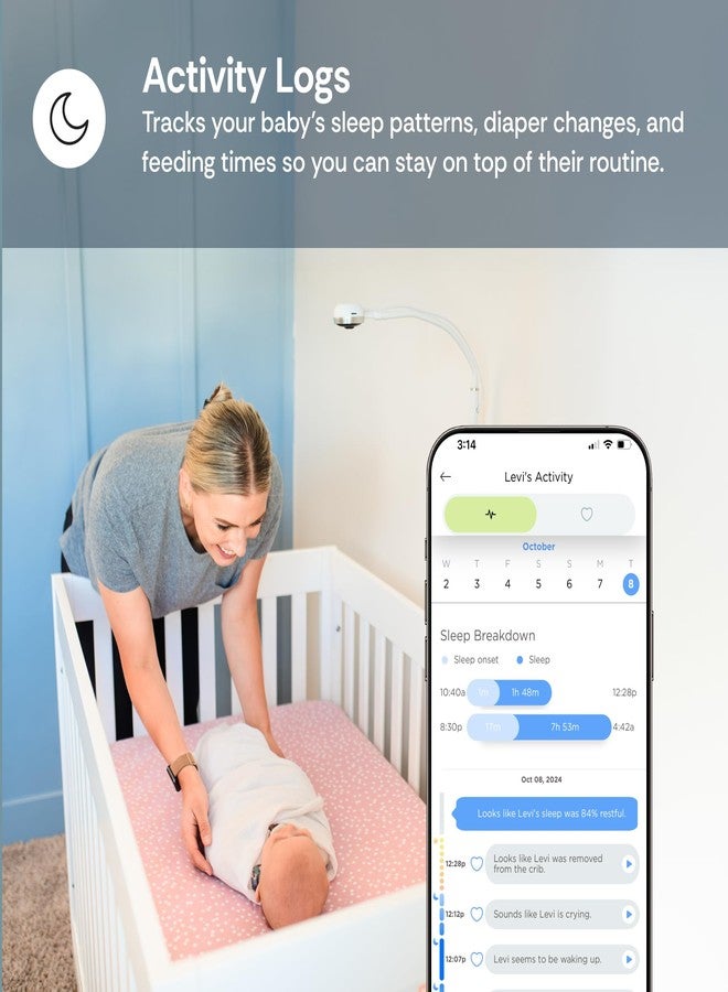 LUNA Home كاميرا مراقبة الأطفال لونا بتردد 2.4GHz مع حامل أرضي، جهاز مراقبة تنفس الرضع بدون مستشعر، مراقبة ذكية بالذكاء الاصطناعي، متتبع النوم، كشف البكاء، رؤية ليلية، صوت ثنائي الاتجاه، أساسيات حديثي الولادة - Image 4