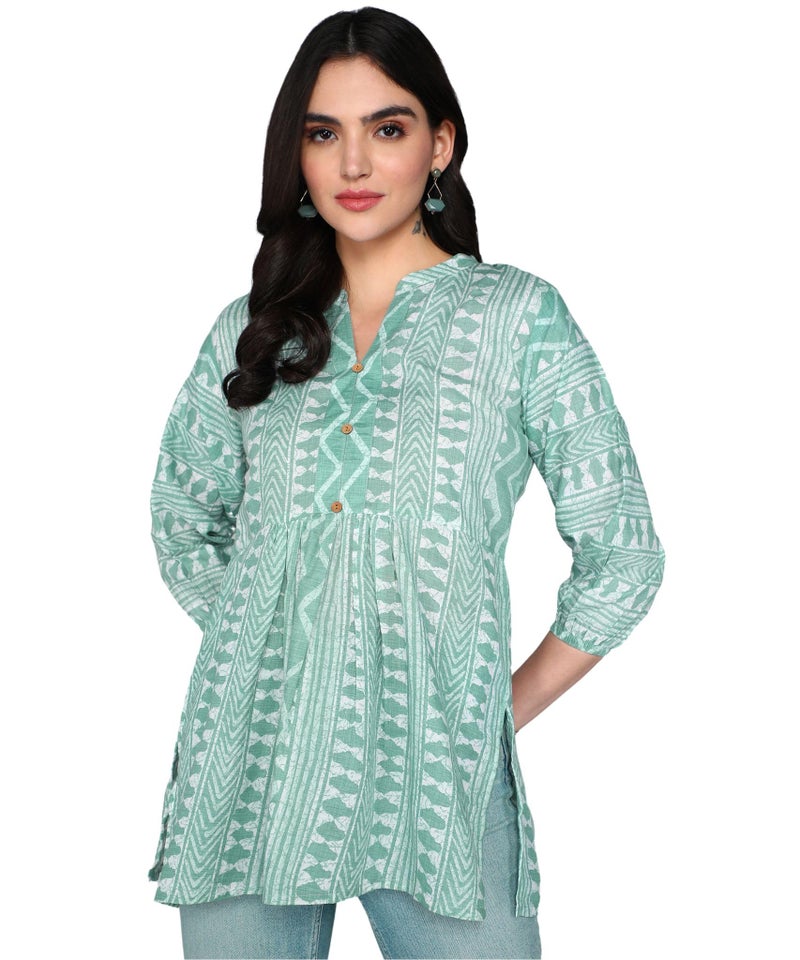 Stylistico Geometric Print Summer Cotton Tunic Western Everyday Regular Fit Full Sleeve v Neck Office Peplum Printed Long Tops for Women Latest Mint Green - Image 1