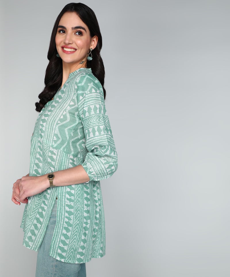 Stylistico Geometric Print Summer Cotton Tunic Western Everyday Regular Fit Full Sleeve v Neck Office Peplum Printed Long Tops for Women Latest Mint Green - Image 3