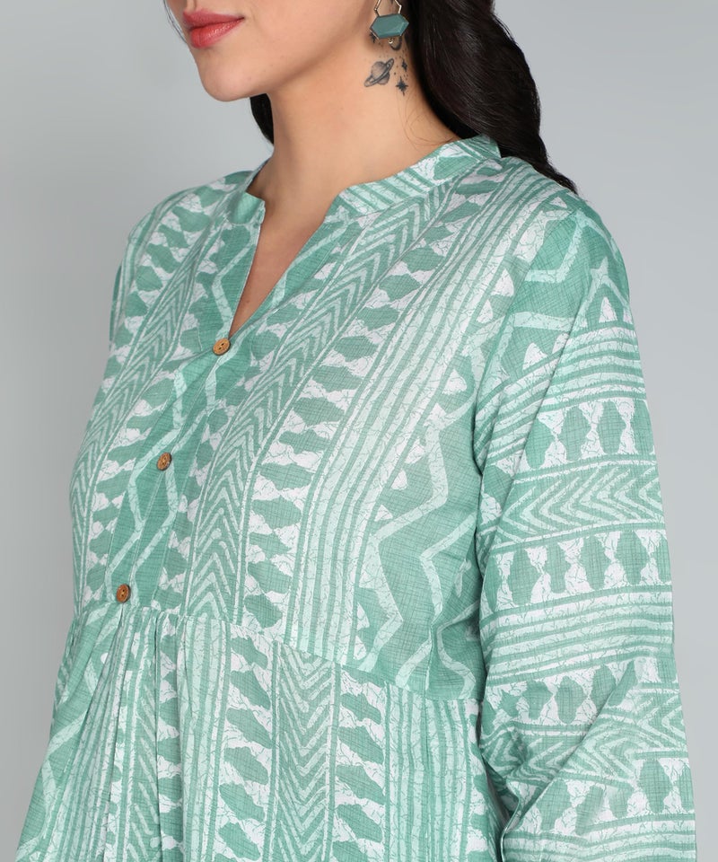 Stylistico Geometric Print Summer Cotton Tunic Western Everyday Regular Fit Full Sleeve v Neck Office Peplum Printed Long Tops for Women Latest Mint Green - Image 4