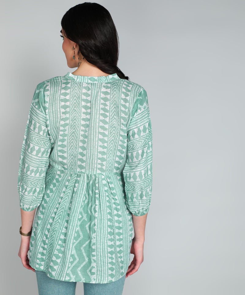 Stylistico Geometric Print Summer Cotton Tunic Western Everyday Regular Fit Full Sleeve v Neck Office Peplum Printed Long Tops for Women Latest Mint Green - Image 2