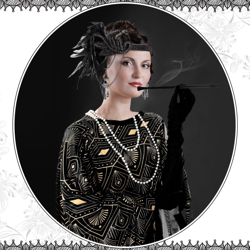 Floraltop 6 Pcs 1920s Flapper Costume Accessories Set for Women Fringed Poncho Flapper Shawl Outfits(Black,Vintage) - Image 5