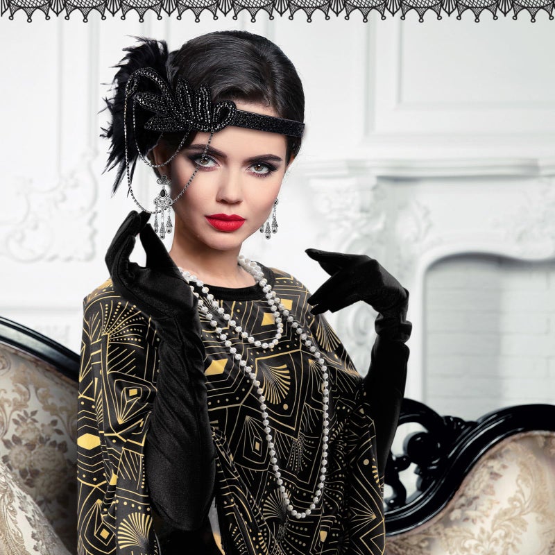 Floraltop 6 Pcs 1920s Flapper Costume Accessories Set for Women Fringed Poncho Flapper Shawl Outfits(Black,Vintage) - Image 4