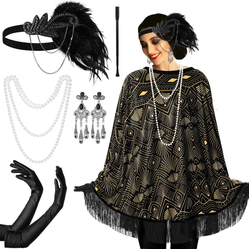 Floraltop 6 Pcs 1920s Flapper Costume Accessories Set for Women Fringed Poncho Flapper Shawl Outfits(Black,Vintage) - Image 1