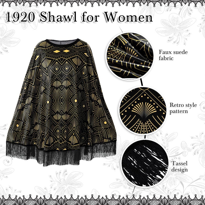 Floraltop 6 Pcs 1920s Flapper Costume Accessories Set for Women Fringed Poncho Flapper Shawl Outfits(Black,Vintage) - Image 3