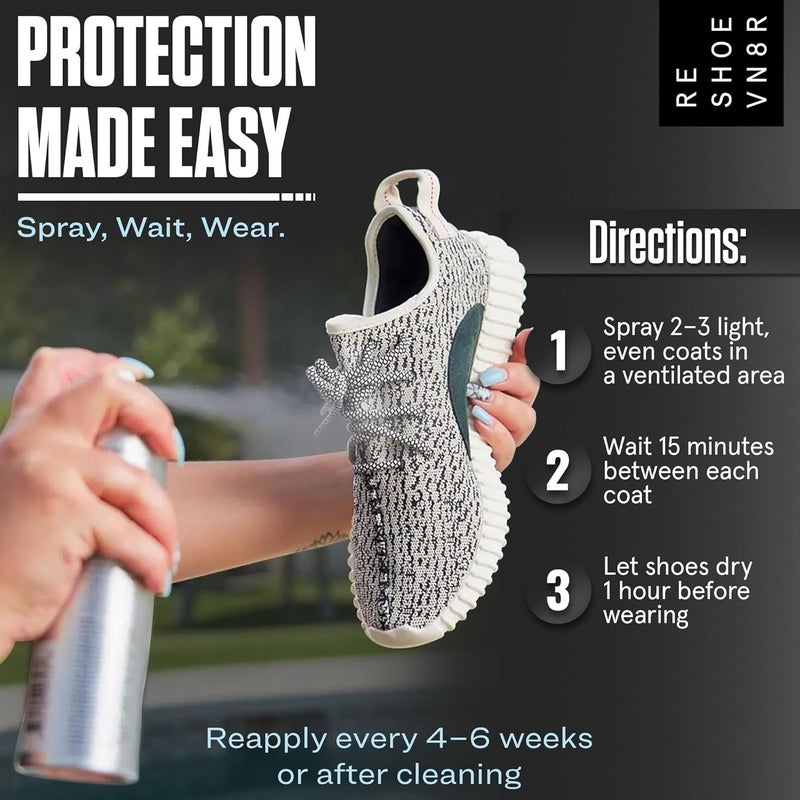 RESHOEVN8R رذاذ حماية الأحذية - مقاوم للماء والبقع - (6.5 أونصة) - رذاذ مقاوم للماء للأحذية، سريع الجفاف، بدون مواد كيميائية، أحذية رياضية، جلد سويدي، قماش، جلد خفيف، أحذية بيضاء - حماية تدوم طويلاً - Image 4