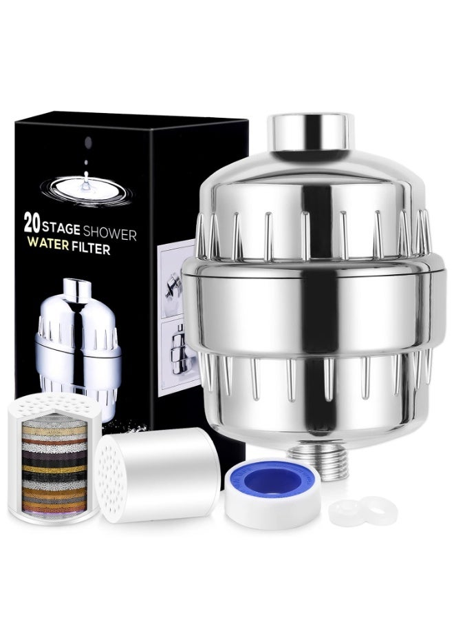 إل جودي طقم فلتر دش ٢٠ مرحلة مع ١ فلتر بديل، فلتر للمياه العسرة، صحة أفضل للبشرة والشعر، إزالة الكلور والمعادن الثقيلة والرواسب الأخرى، منعم مياه بفيتامين سي يقلل جفاف وحكة الجلد - Image 1