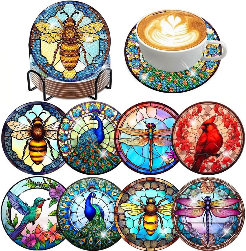8 قطع من أكواب الرسم بالألماس المزينة برسوم حيوانات، مع حامل - أكواب فنية للرسم بالألماس للهواة، مناسبة للبدء، تحتوي على وسائد من الفلين للكبار والأطفال - Image 1