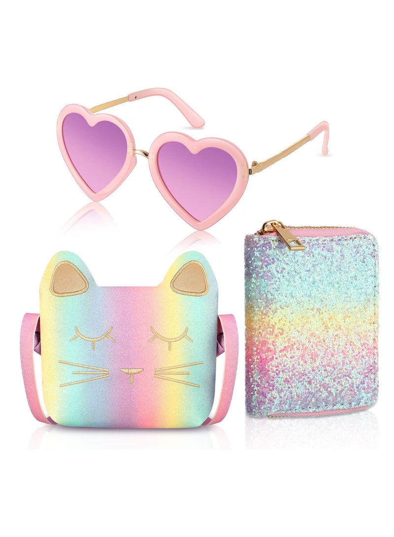 Y&D Princess Fashion Set, 3 Pcs Toddler Cute Cat Purse Heart Shaped Sunglasses with UV 400 Protection Crossbody Bag Glitter Small Wallet, Accessories for Girls (Pink)  - Image 1