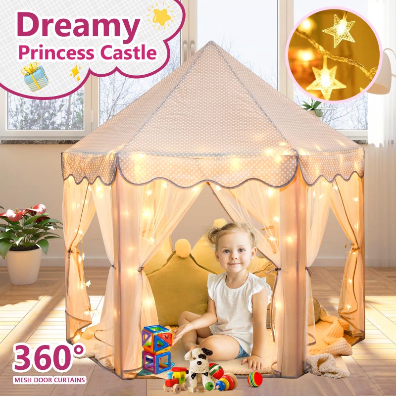 Monobeach Princess Tent Girls Large Playhouse Kids Castle Play Tent with Star Lights Gift Toy for Children Indoor and Outdoor Games, 55'' x 53'' (DxH) (Grey) - Image 3