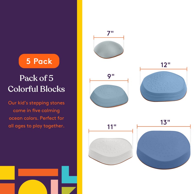 Special Supplies Stepping Stones for Kids, 5 Balance Indoor and Outdoor Blocks Promote Coordination, Balance, Strength, Child Safe Rubber, Non-Slip Edging, Stackable (Ocean) - Image 2