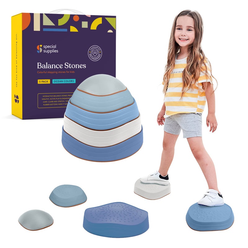 Special Supplies Stepping Stones for Kids, 5 Balance Indoor and Outdoor Blocks Promote Coordination, Balance, Strength, Child Safe Rubber, Non-Slip Edging, Stackable (Ocean) - Image 1