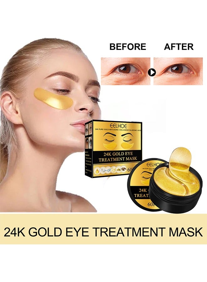 إيلهو قناع علاج العين من الذهب عيار 24 قيراط ، 60 قطعة من فوط جل الكولاجين للعناية بالعيون ، يستخدم للعيون المنتفخة والهالات السوداء والخطوط الجافة والخطوط الدقيقة ، مما يساعد على ترطيب وتهدئة العينين وحماي - Image 1