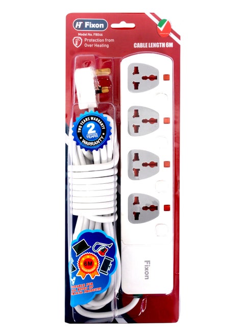 Fixon 4 Way 13A Electrical Extension Socket | 6 Meter Long Cable | Each Socket with Switch and LED Indicator | Child Safe Shutter