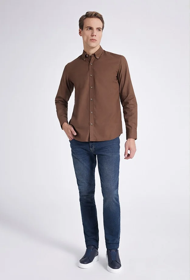 دي أس دامات Regular Fit Brown Dobby Shirt 9HC02HD35259M