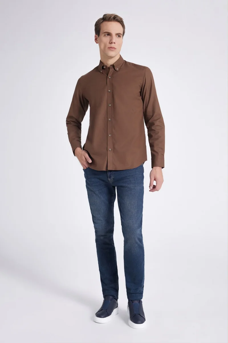 دي أس دامات Regular Fit Brown Dobby Shirt 9HC02HD35259M