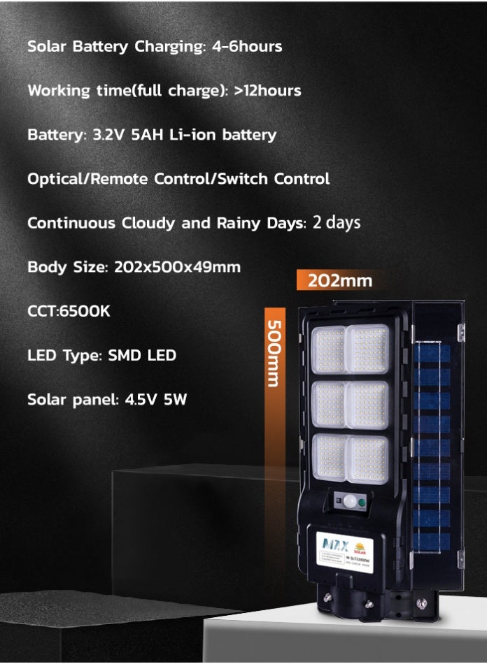 Max 800W Solar LED Street Light 202×500mm Bright White 6500K | Remote & Sensor Control | IP65 Waterproof Outdoor Wall-Mounted Solar Lamp | For Yard, Garden, Driveway Security | Long-Lasting >12H Dusk-to-Dawn Lighting - Image 3