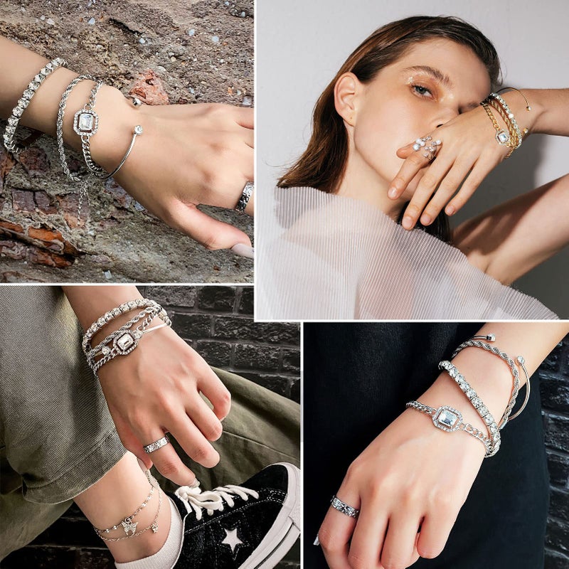 17IF 4 Pcs Dainty Silver Bracelets Set for Women 14K Plated Link Cubic Zirconia Paperclip Stack Layering Chain Adjustable Trendy Hand Jewelry (Silver) - Image 2