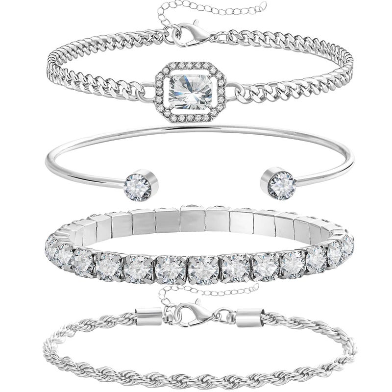 17IF 4 Pcs Dainty Silver Bracelets Set for Women 14K Plated Link Cubic Zirconia Paperclip Stack Layering Chain Adjustable Trendy Hand Jewelry (Silver) - Image 1