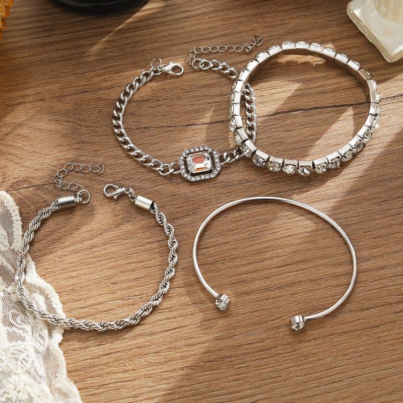 17IF 4 Pcs Dainty Silver Bracelets Set for Women 14K Plated Link Cubic Zirconia Paperclip Stack Layering Chain Adjustable Trendy Hand Jewelry (Silver) - Image 5