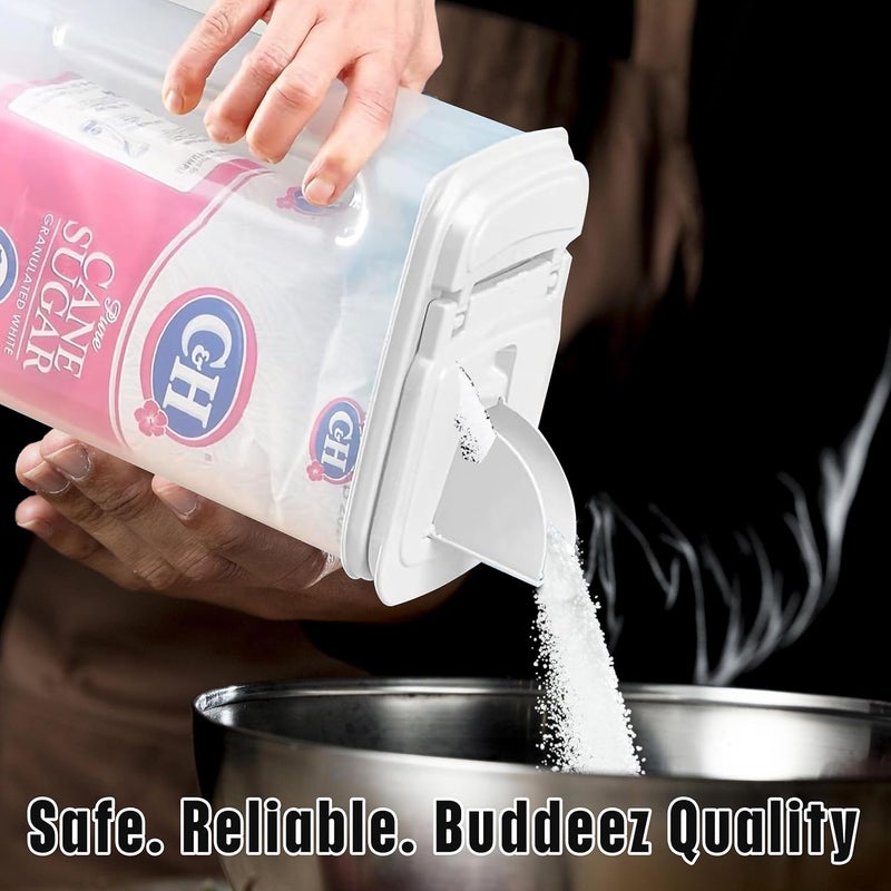 Buddeez Large Food Storage Container - 3.75 Quart Sugar Buddy, All Purpose Clear Kitchen Organization and Storage - Sugar, Flour, Cereal, Rice Dispenser, EZ Pour Spout & Easy Grip Handle (White Lid) - Image 2