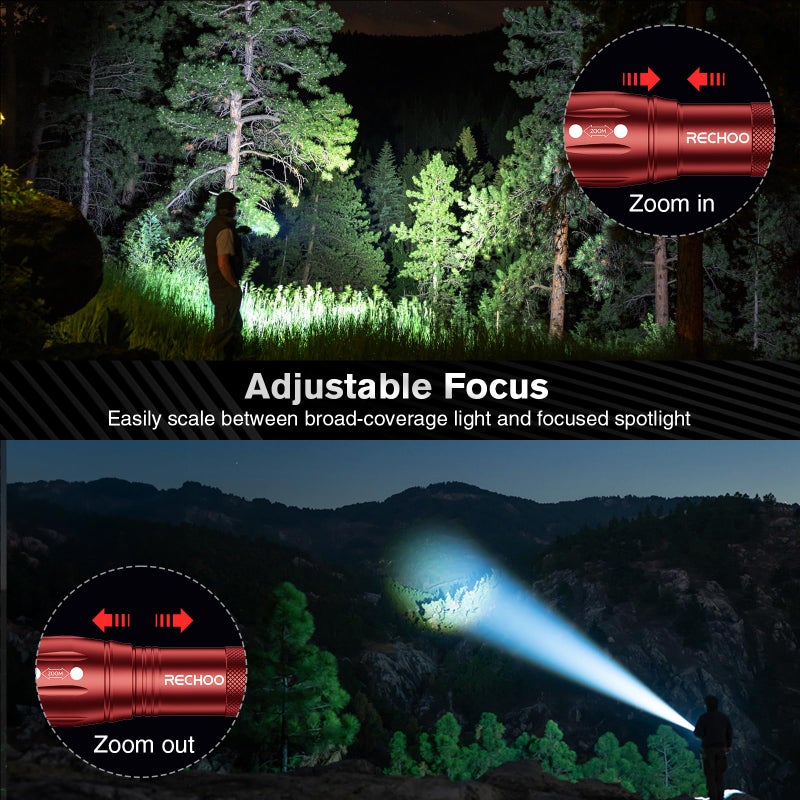 RECHOO LED Flashlight 2 Pack Red, Tactical Flashlights High Lumens with 3 Modes, Pocket Small Flash Light, Waterproof Zoomable Flashlights for Home Emergency, Camping Essentials (Battery Included) - Image 3
