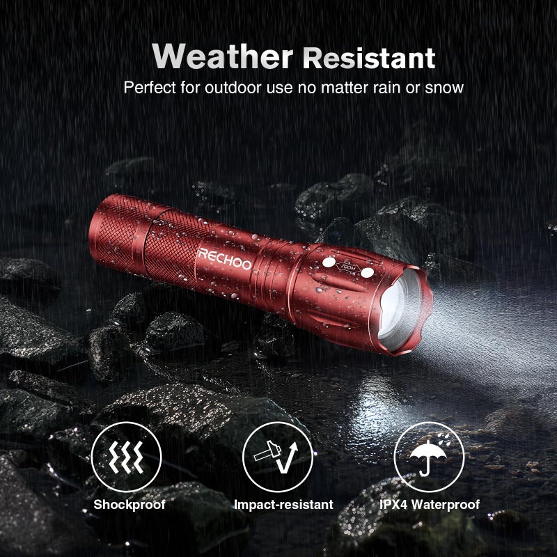RECHOO LED Flashlight 2 Pack Red, Tactical Flashlights High Lumens with 3 Modes, Pocket Small Flash Light, Waterproof Zoomable Flashlights for Home Emergency, Camping Essentials (Battery Included) - Image 4