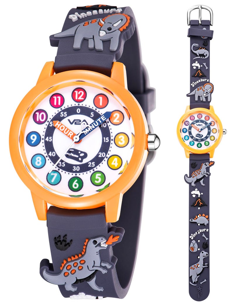 V2A Analog Kids Wrist watch for Boys – Cool 3D Animal Dinosaurs Theme, Multicolor Soft Silicone Strap, 30M Waterproof, Quartz Movement, Fun Time Learning, Birthday Return Gift for Ages 3-10 years (Grey) - Image 1
