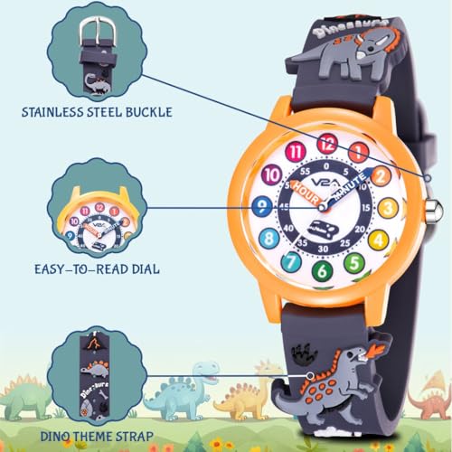 V2A Analog Kids Wrist watch for Boys – Cool 3D Animal Dinosaurs Theme, Multicolor Soft Silicone Strap, 30M Waterproof, Quartz Movement, Fun Time Learning, Birthday Return Gift for Ages 3-10 years (Grey) - Image 2