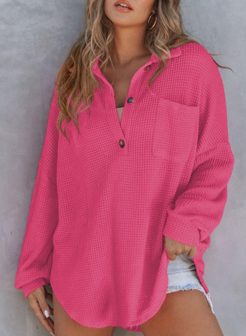 Astylish Women Oversized Waffle Shirts V Neck Long Sleeve Loose Blouses Versatile Button Lightweight Pullover Rose Red Large - Image 2