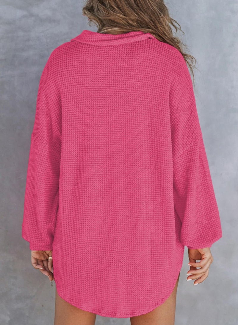 Astylish Women Oversized Waffle Shirts V Neck Long Sleeve Loose Blouses Versatile Button Lightweight Pullover Rose Red Large - Image 3