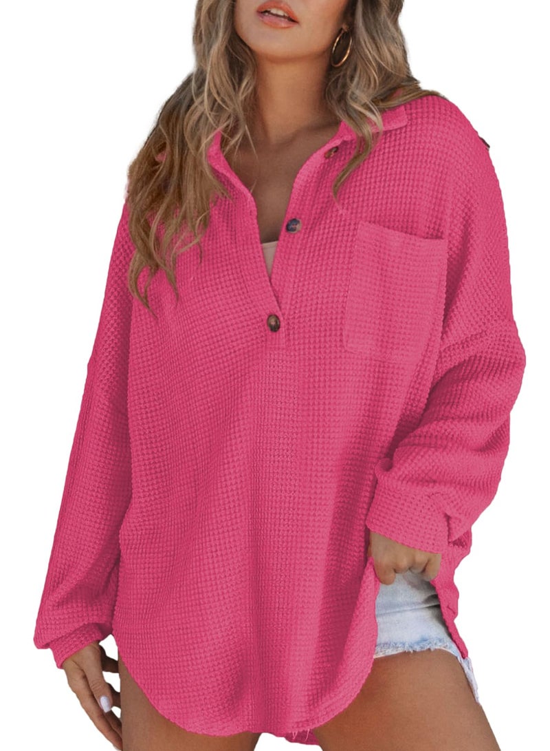 Astylish Women Oversized Waffle Shirts V Neck Long Sleeve Loose Blouses Versatile Button Lightweight Pullover Rose Red Large - Image 4