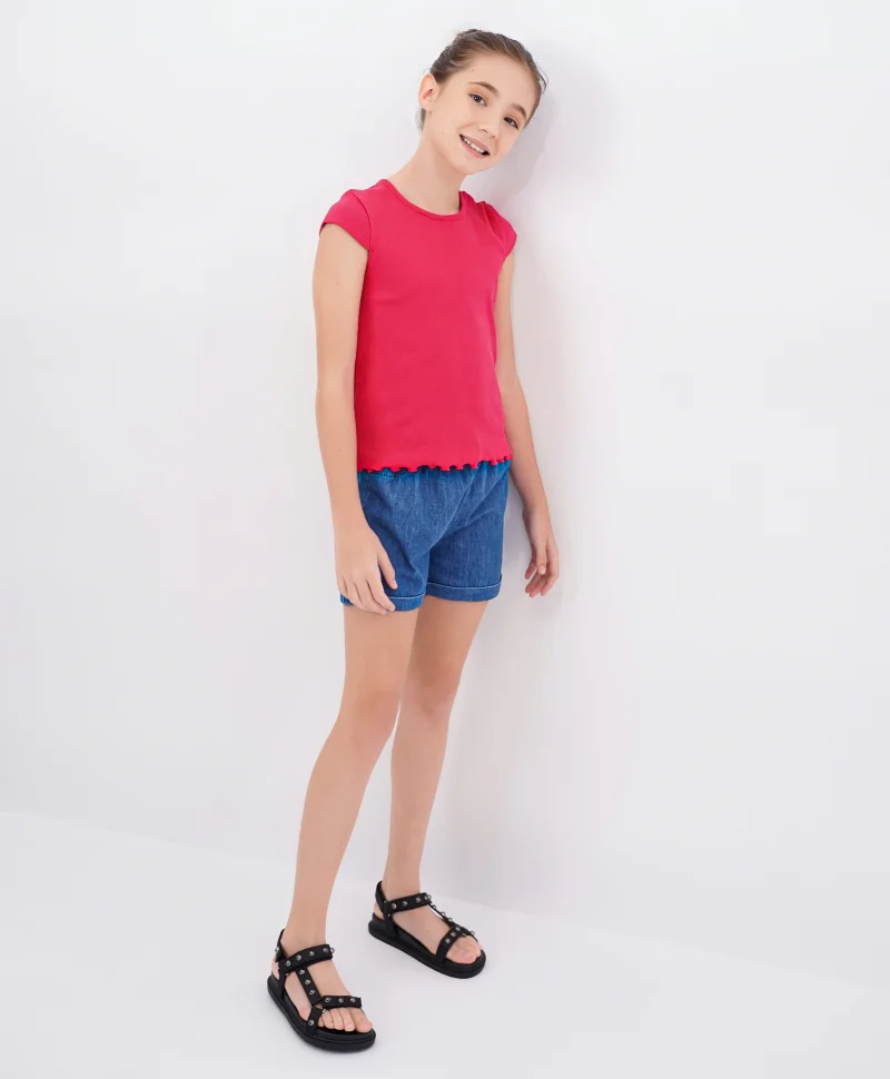 Primo Gino Primo Gino Cap Sleeve 2x2 Rib Cotton Elastane Fabric T-shirt With Lettuce Hem Finish - Pink