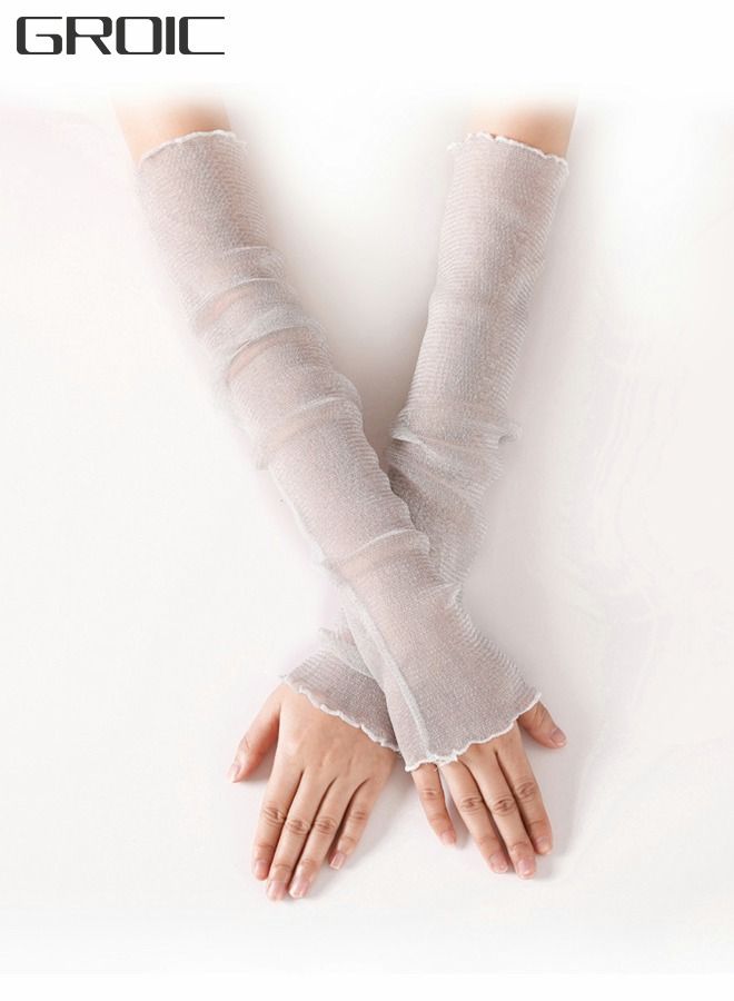 GROIC 1 Pairs Women's Long Ultra-thin Lace Gloves Sun UV Protection, Cooling Mesh Tulle Sunscreen Sleeves Fingerless Arms Gloves for Indoor Outdoor - White 50cm  - Image 1