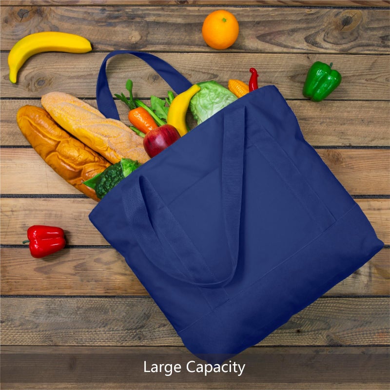 TOPDesign 1-Pack Canvas Tote Bag with an External Pocket, Reusable Grocery Shopping Bag, Top Zipper Closure, Daily Essentials (Blue) - Image 4