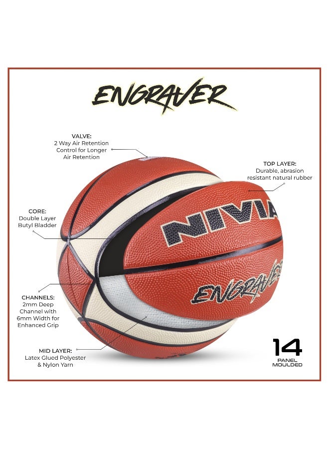 NIVIA Engraver Basketball, As per BFI Standard, 14 Panels, Molded Soft Rubber Cover, Butyl Threadwounded Bladder, Made for Tournaments, To Play on All Indoor & Outdoor Surfaces (Size - 7, Multicolor) - Image 2