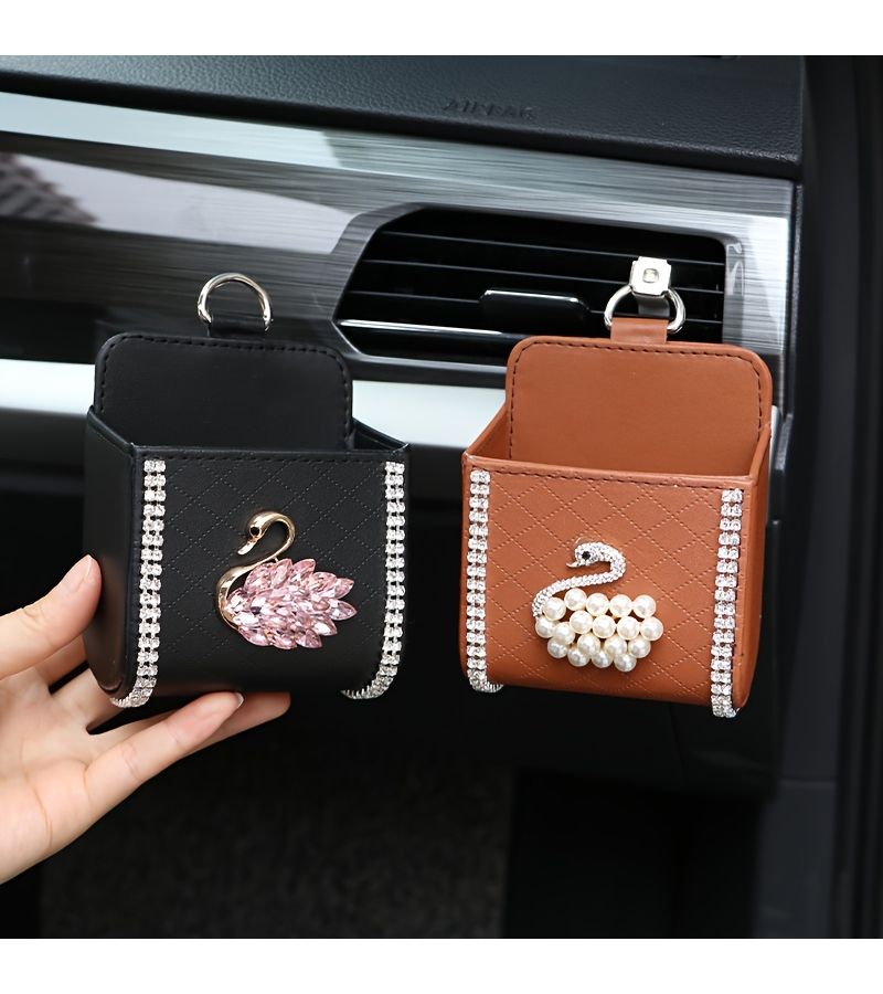 Black Hanging Car Organizer Pink Diamond Swan Lipstick Holder Storage Pouch Phone Holder Vent - Image 3