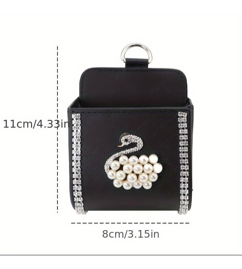 Black Hanging Car Organizer Pink Diamond Swan Lipstick Holder Storage Pouch Phone Holder Vent - Image 2