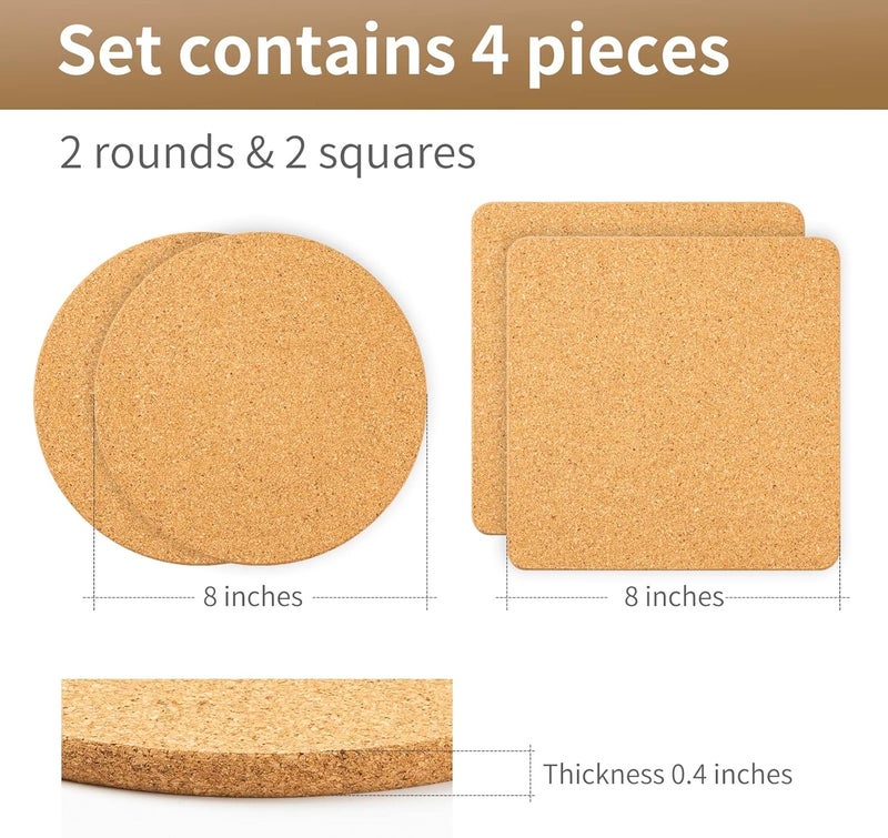Cazzon Cork Trivets for Hot Dishes, Pots and Pans, Pot Holders for Kitchen, 8 Inches 4 Pack Hot Pads, Thick Heat Resistant Mats Protect Countertop, Coaster Trivet Home Essentials, Rustic Farmhouse Decor - Image 2
