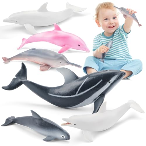 THINKBAY 6PCS 5 Realistic Dolphin Figurines Toy for Toddlers Ocean Animal Bath Toys for Kids Dolphin Cake Toppers Birthday Party Favors Gifts for Boys Girls - Image 1