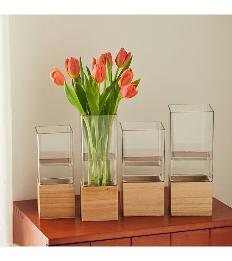 White Square Shatterproof PET Vase With Wooden Stand 3.94x9.84 Inch Desktop Planter - Image 1