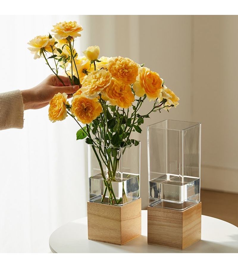 White Square Shatterproof PET Vase With Wooden Stand 3.94x9.84 Inch Desktop Planter - Image 2